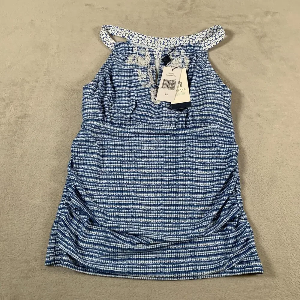 Cabana Life Charleston Tankini Top Womens XS‎ Blue White Embroidered Swim 50+ UV